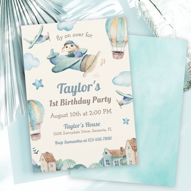 Cute Boy's Airplane Theme 1st Birthday Party Invitation (Creator Uploaded)