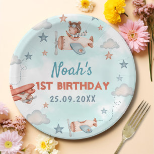 Cute Boy's Airplane Theme 1st Birthday Party Paper Plates