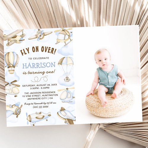 Cute Boys Airplane Theme 1st Birthday Party Photo Invitation