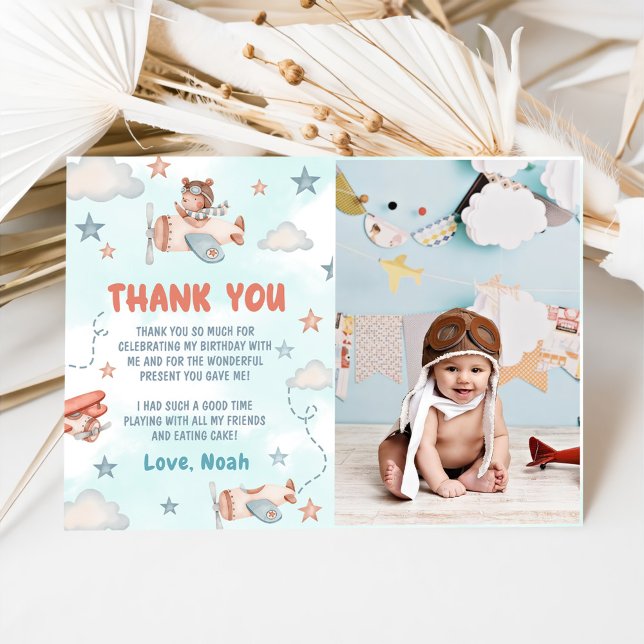 Cute Boy's Airplane Theme 1st Birthday Party Photo Thank You Card (Creator Uploaded)