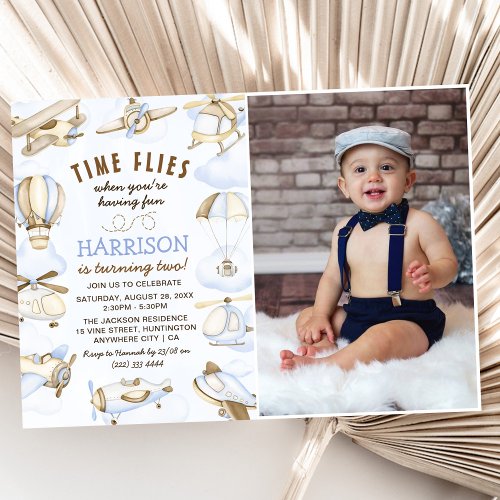 Cute Boys Airplane Theme 2nd Birthday Party Photo Invitation