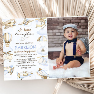 Cute Boy's Airplane Theme 4th Birthday Party Photo Invitation