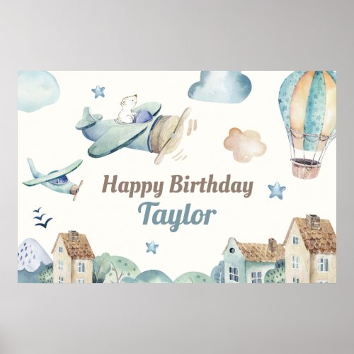 Cute Boys Airplane Theme Happy Birthday Banner Poster