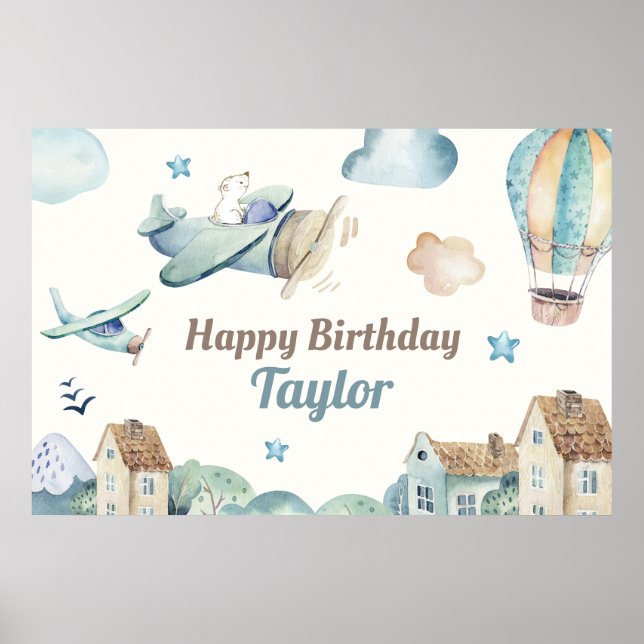 Cute Boy's Airplane Theme Happy Birthday Banner Poster (Front)