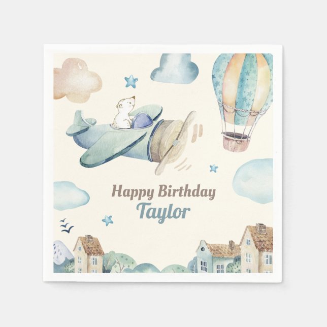 Cute Boy's Aviation Theme Birthday Party Napkins (Front)