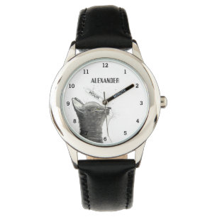 Cute Boys Black Cat Animal Kids Kitty Kitten Watch