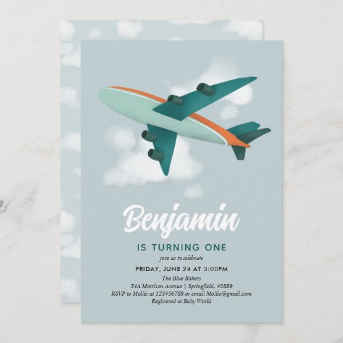 Cute Boys Blue Airplane Travel 1st Birthday Invitation