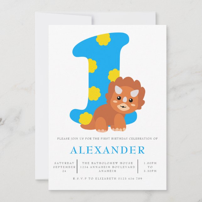 Cute Boys Blue Dinosaur 1st Birthday Party Invitation (Front)