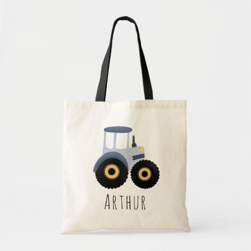 Cute Boys Blue Farm Tractor and Name Kids Tote Bag