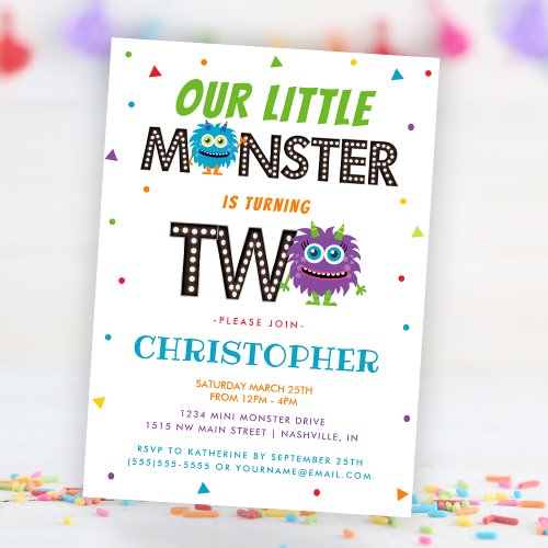 Cute Boys Blue Monster 2nd Birthday Party Invitation