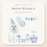 Cute Boys Blue Party Puppy Dog Any Age Birthday Square Paper Coaster<br><div class="desc">For any further customisation or any other matching items,  please feel free to contact me at yellowfebstudio@gmail.com</div>