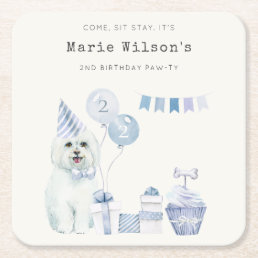 Cute Boys Blue Party Puppy Dog Any Age Birthday Square Paper Coaster