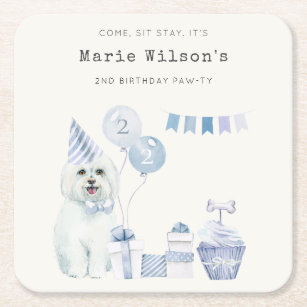 Cute Boys Blue Party Puppy Dog Any Age Birthday Square Paper Coaster