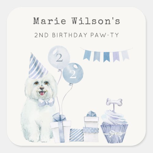 Cute Boys Blue Party Puppy Dog Any Age Birthday Square Sticker