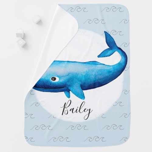 Cute Boys Blue Sea Watercolor Whale Beach  Name Baby Blanket