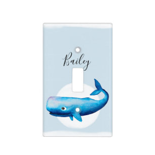 Cute Boy's Blue Sea Watercolor Whale Name Nursery Light Switch Cover