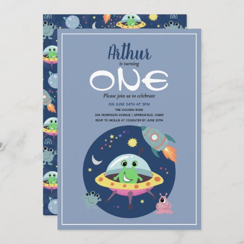 Cute Boys Blue Space Alien Galaxy 1st Birthday Invitation