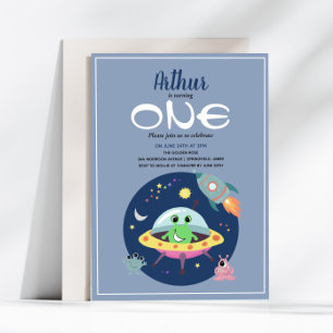 Cute Boys Blue Space Alien Galaxy 1st Birthday Invitation