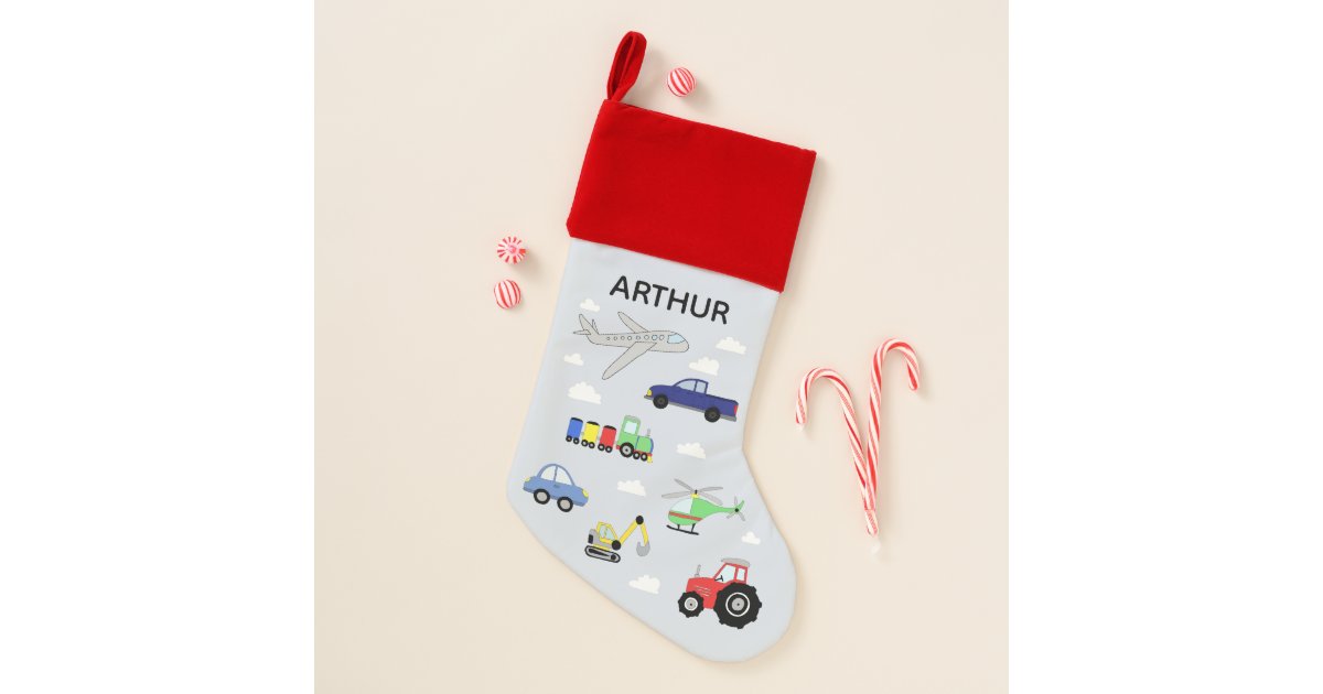 Boys Cute Blue Airplane Travel Design and Name Small Christmas Stocking