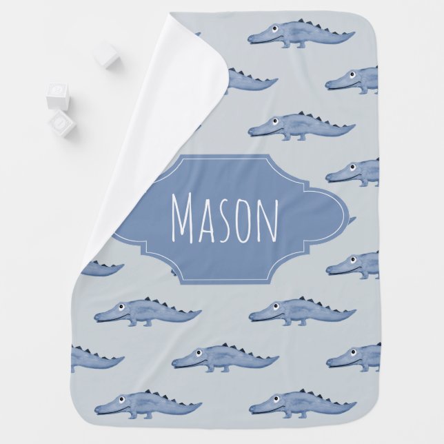 Cute Boy's Blue Watercolor Crocodile Safari Name Baby Blanket (In Situ)