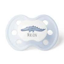 Cute Boy's Blue Watercolor Crocodile Safari Name Pacifier