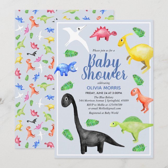 Cute Boys Blue Watercolor Dinosaur Baby Shower Invitation (Front/Back)