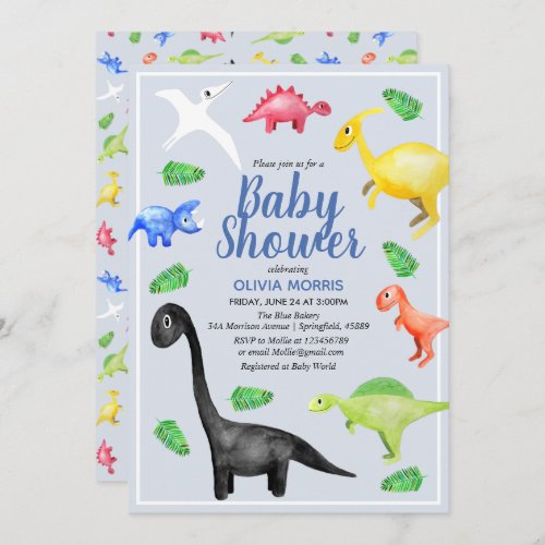Cute Boys Blue Watercolor Dinosaur Baby Shower Invitation