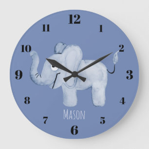 Cute Boy's Blue Watercolor Elephant Safari Nursery Large Clock