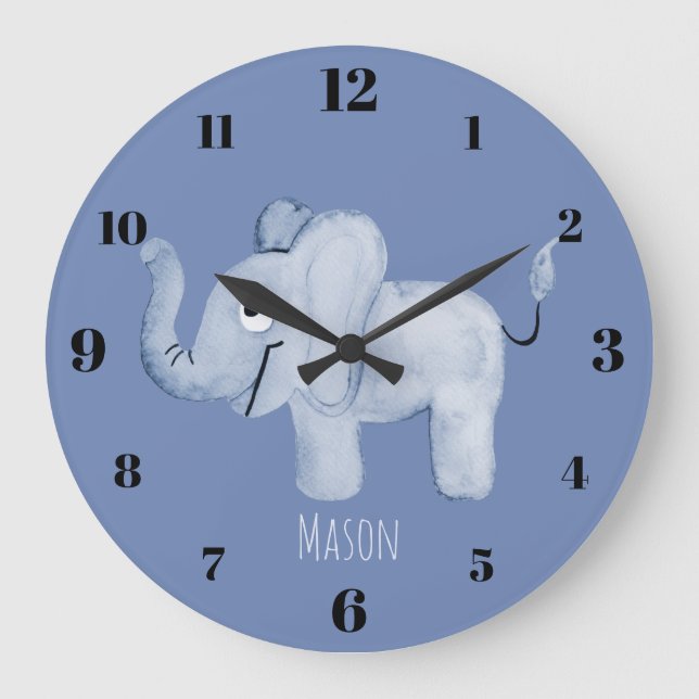 Cute Boy's Blue Watercolor Elephant Safari Nursery Large Clock (Front)