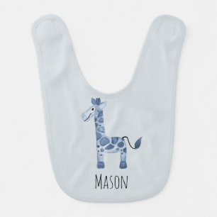 Cute Boy's Blue Watercolor Giraffe Safari and Name Baby Bib
