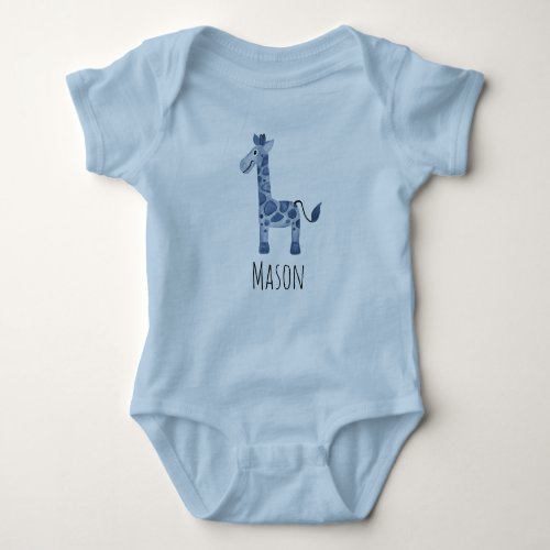 Cute Boys Blue Watercolor Giraffe Safari and Name Baby Bodysuit