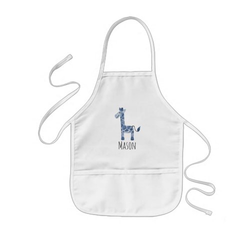 Cute Boys Blue Watercolor Giraffe Safari and Name Kids Apron