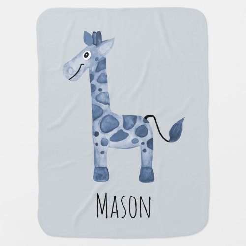 Cute Boys Blue Watercolor Giraffe Safari  Name Baby Blanket
