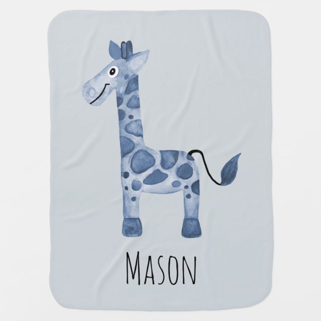 Cute Boy's Blue Watercolor Giraffe Safari & Name Baby Blanket (Front)