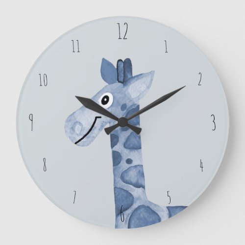Cute Boys Blue Watercolor Giraffe Safari Nursery Large Clock
