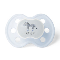 Cute Boy's Blue Watercolor Zebra Safari with Name Pacifier