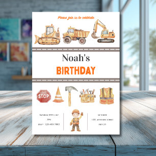 Cute Boy's Construction Birthday Party Invitation