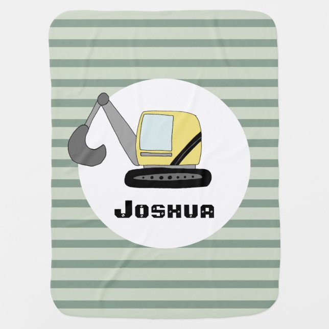 Cute Boys Construction Digger Excavator and Name Baby Blanket (Front)