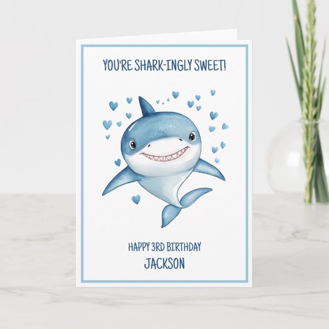 Cute Boys Custom Blue Shark Happy 3rd Birthday Card (Front)