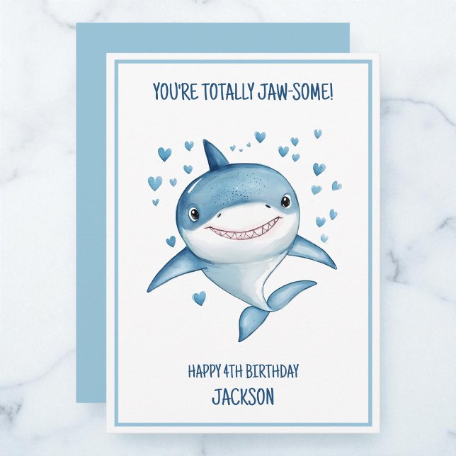 Cute Boys Custom Blue Shark Happy 4th Birthday Card (Cute Boys Custom Blue Shark Happy 4th Birthday Card)