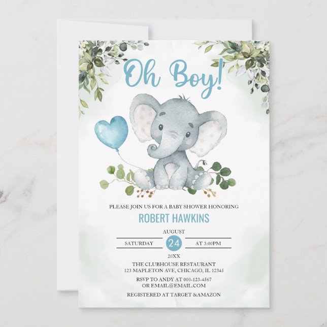 Cute Boy's Elephant Watercolor Baby Shower  Invita Invitation (Front)
