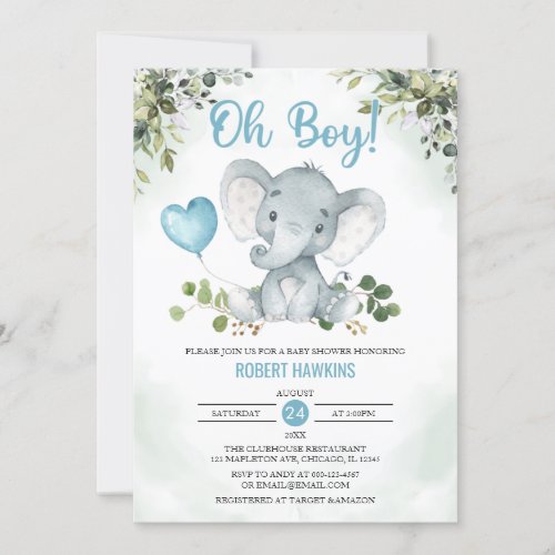 Cute Boys Elephant Watercolor Baby Shower  Invita Invitation
