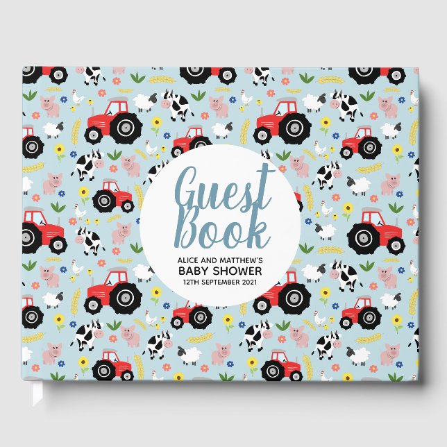 Cute Boys Farm Animal Tractor Cartoon Baby Shower Guest Book (Front)