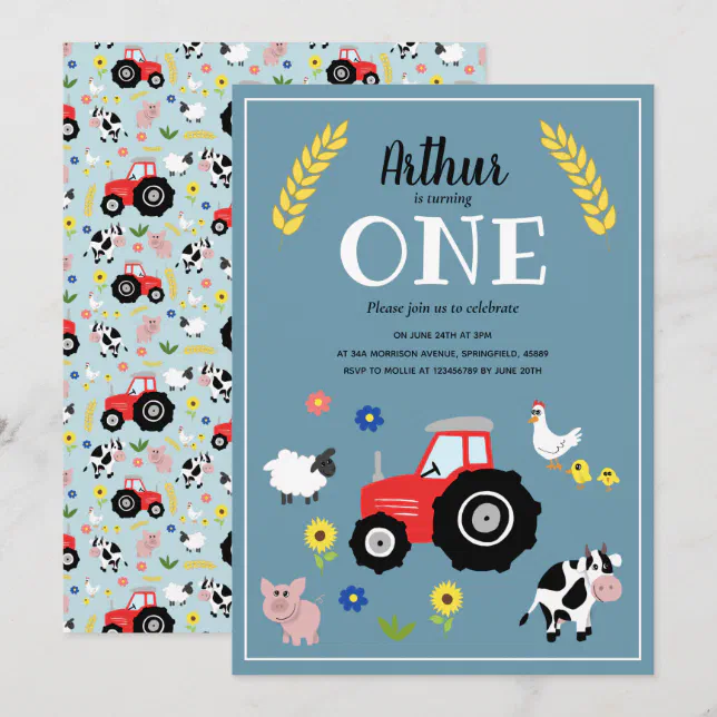 Cute Boys Farm Animals & Red Tractor 1st Birthday Invitation | Zazzle