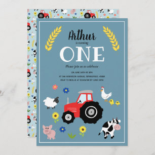 Cute Boys Farm Animals & Red Tractor 1st Birthday Invitation