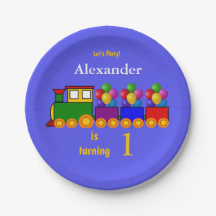 Cute Boy's First Birthday Train and Balloons Paper Plates