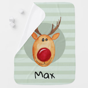 Cute Boys First Christmas Rudolph Reindeer & Name Baby Blanket