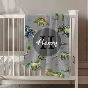 Cute Boys Gray Dinosaur Monogram  Baby Blanket