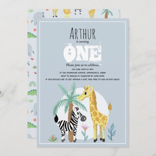 Cute Boys Jungle Safari Animals 1st Birthday Invitation