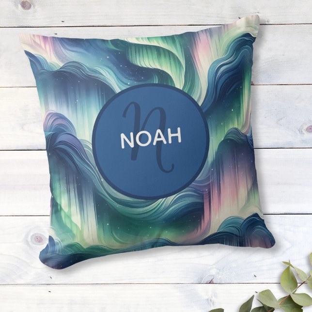 Cute Boys Nursery Kids Monogram Northern Lights Throw Pillow (Personalized Aurora Borealis Pillow with Name - Custom Decor, Unique Gift, Northern Lights Design)